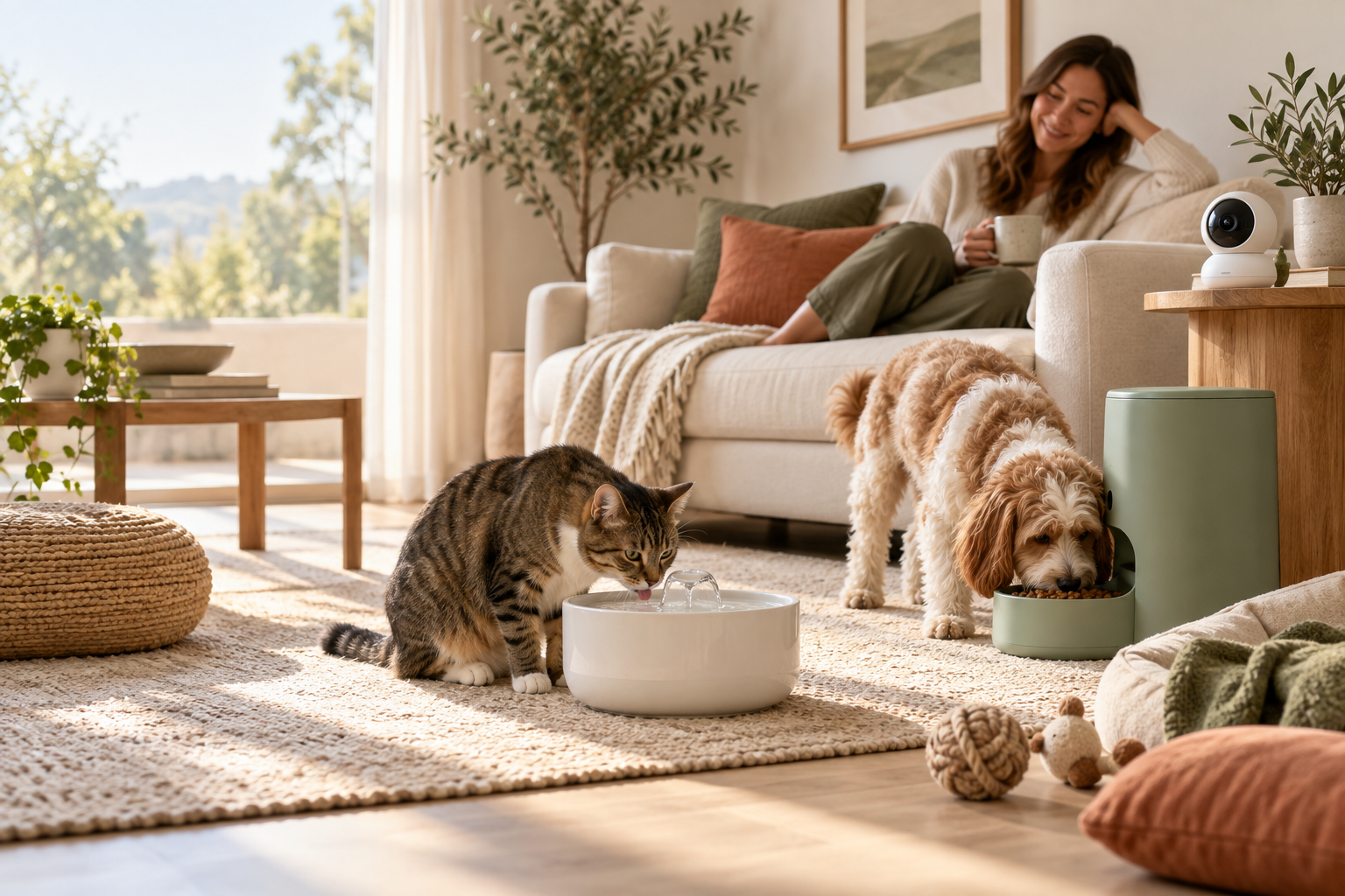 Katze und Hund mit Futterautomat und Trinkbrunnen – illustratives Wohnmotiv
