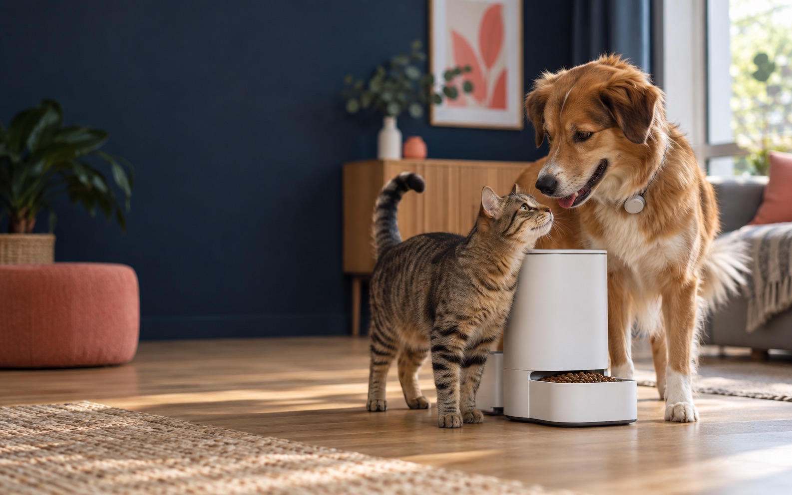 Katze und Hund neben einem smarten Futterautomaten in einem wohnlichen Zuhause